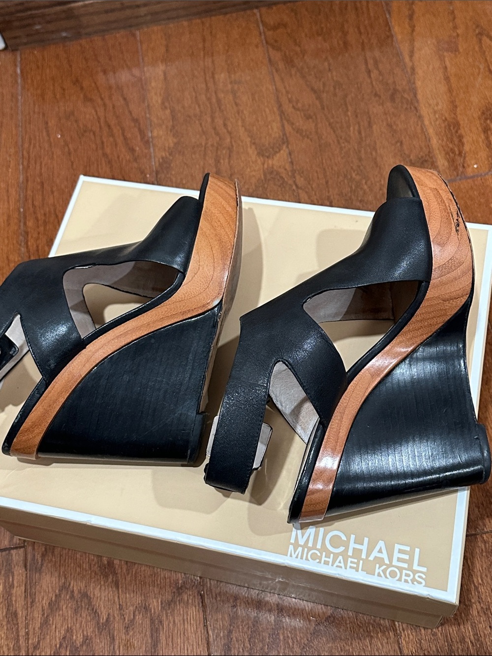 Michael Kors Josephine Black Leather Open-Toe Wedge Sandal with Brown Platform - Picture 7 of 10